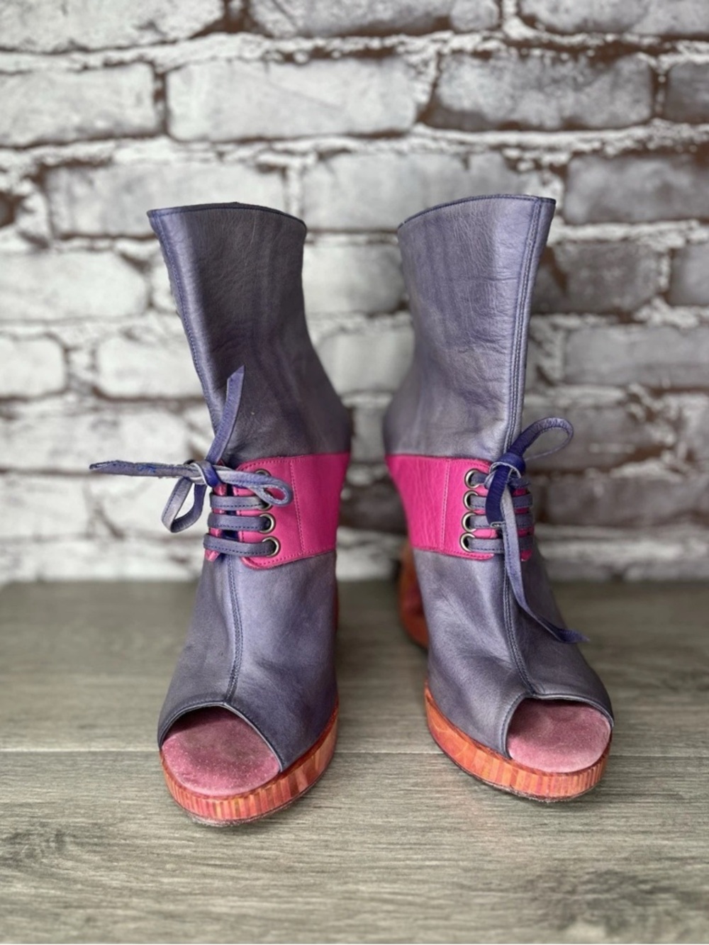 Tony "K" Purple Leather Pink Lace High Wooden Wedge Lace Peep Booties Women 8M